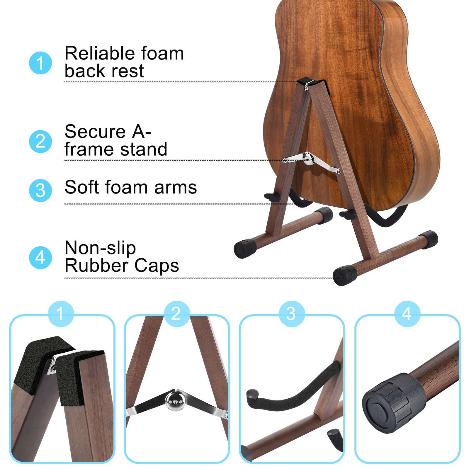 Support guitare, support guitare électrique en bois avec caoutchouc antidérapant et bras en mousse souple, support guitare acoustique pliable a - frame, facile à assembler, support au sol pour voyage.