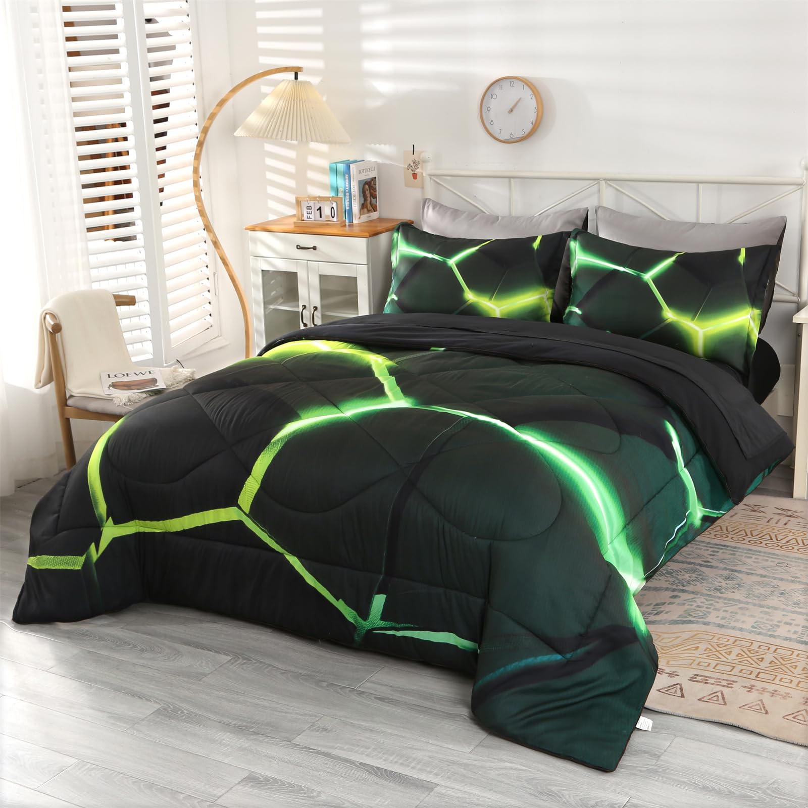 Wowelife Honeycomb Twin Bedding Sets for Girls, 5 Piece Premium Black Comforter Set Neon Lights, Geometry Hexagon Bed Set Green Yellow, Comfortable and Breathable for Children