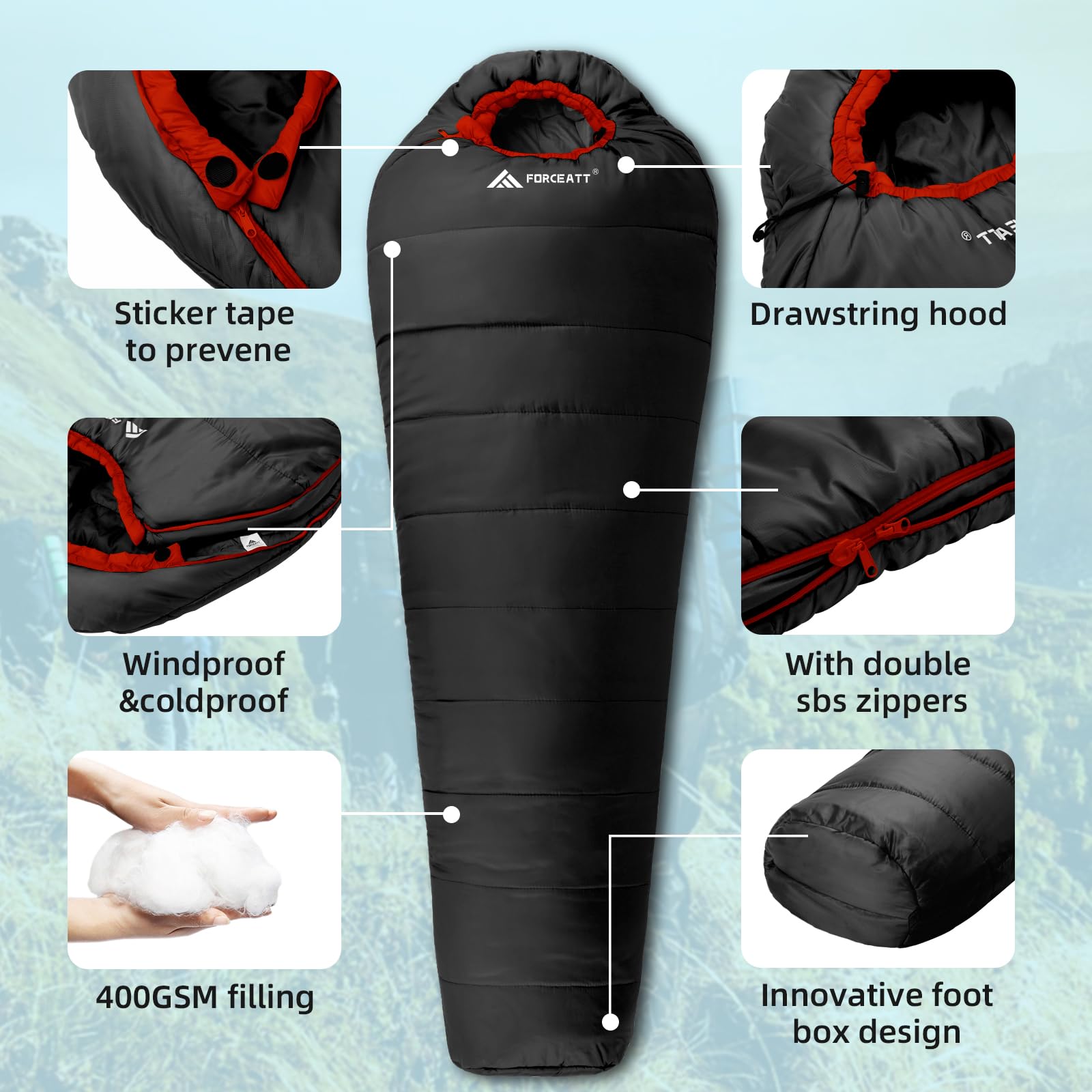 Forceatt Schlafsack -10°C~15°C 4 Jahreszeiten, Mumienschlafsack Winter für Erwachsene Wasserdicht, Schlafsack Outdoor Ultraleicht für Camping, Reisen Zelten, Outdoor und Indoor.