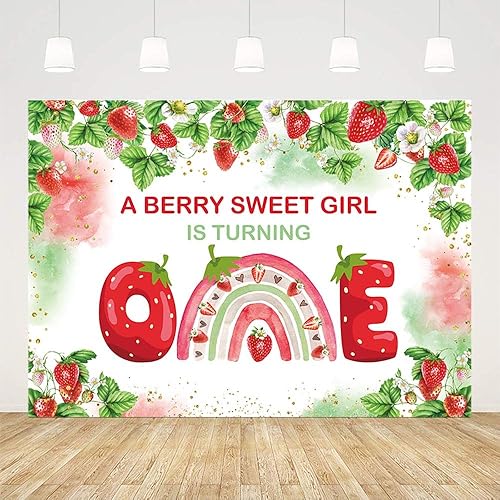 AIBIIN Telón de fondo de 1er cumpleaños de fresa de 7 x 5 pies para niña, fiesta de cumpleaños de bayas dulces, arco iris, pastel, acuarela, fondo