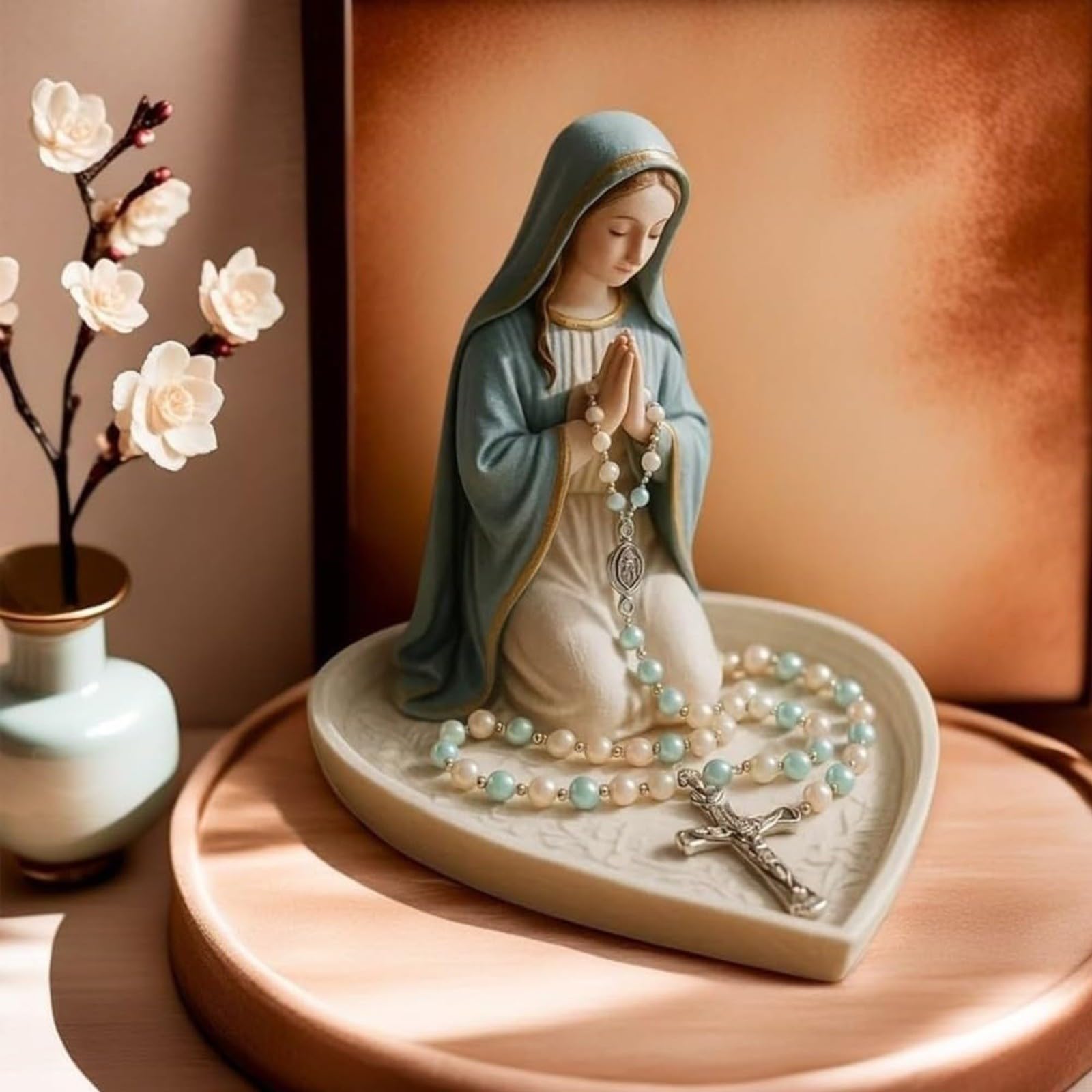 Virgen María Rosario de Resina Figura Religiosa 15x15 cm Decoración Hogar