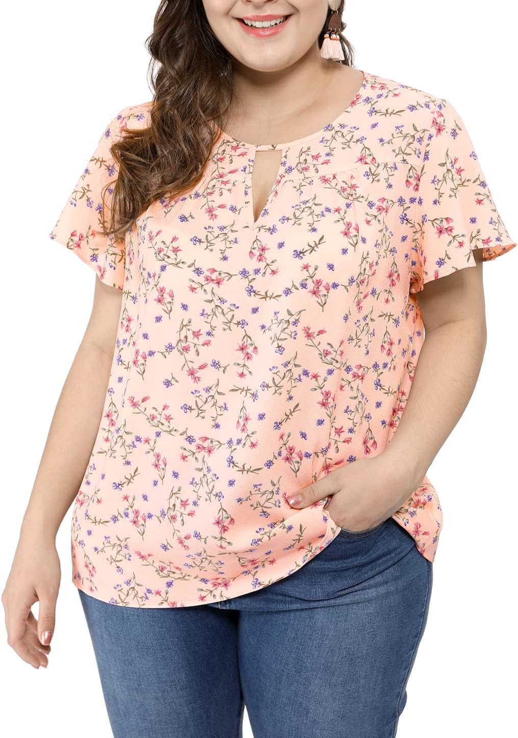 Agnes Orinda Women's Plus Size Blouses Summer Ruffle Short Sleeve Shirts Keyhole Chiffon Tops
