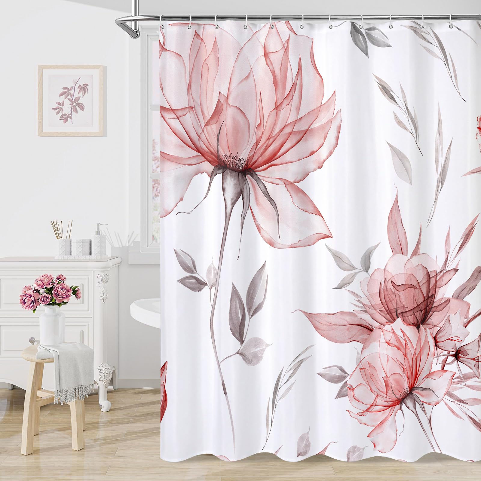 Litabel Extra Long Boho Watercolor Floral Shower Curtain 72 x 84, Red and Grey Ink Painting Style Flower Shower Curtains for Chic Elegant Bathroom,
