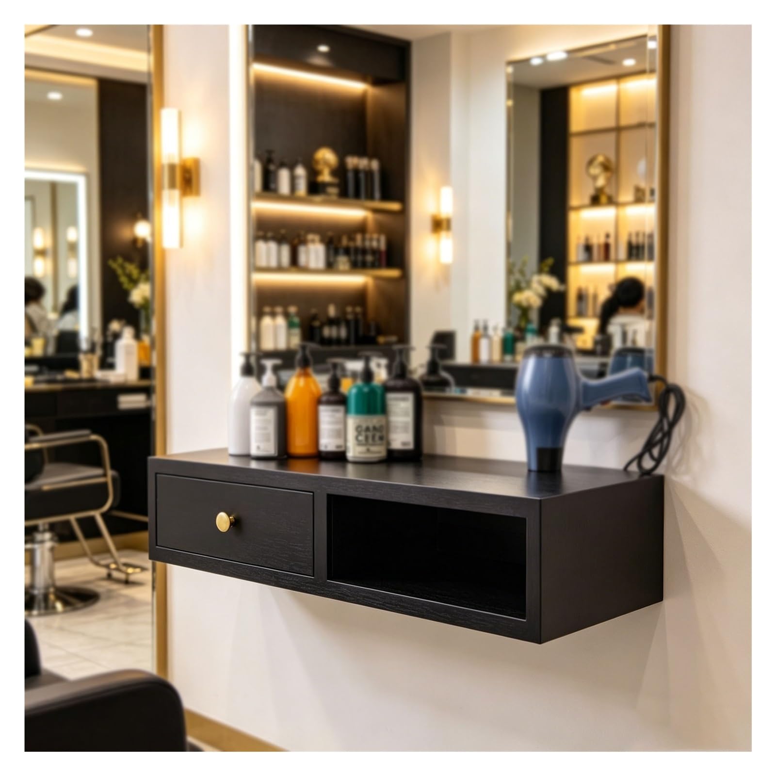 Wandregal Friseur, Friseurmöbel Wandmontage, Mit Halterung Für Haartrockner, Werkbank Mit Schublade, Für Viele Bereiche Geeignet(Schwarz,27.5x10.2x5.9in)