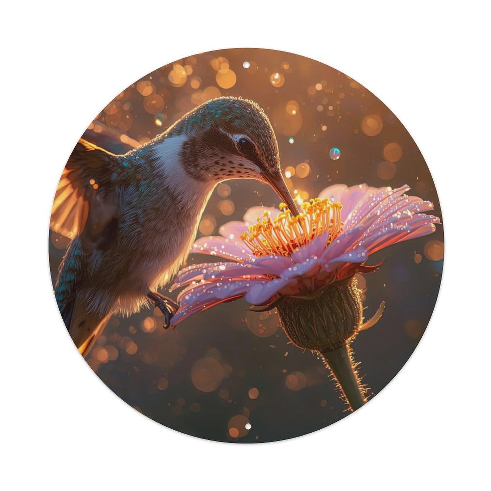 Cwbufd Vintage Style Animal Hummingbird Zinnia Flower Nature Photography Golden Bokeh Vintage Metal Tin Sign Plaque Wall Decor For Cafe, Club Bar, Office, Garden Metal Poster 8X8inch