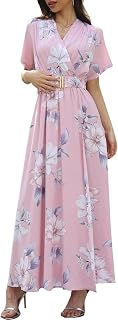 VintageClothing Womens Floral V-Neck Wrap Midi Dress Summer Maxi Dresses | Breathable material, Detachable Gold Buckle Belt, Side Slit Flowy Long Maxi Gown for Vacation Wedding Cocktail Party