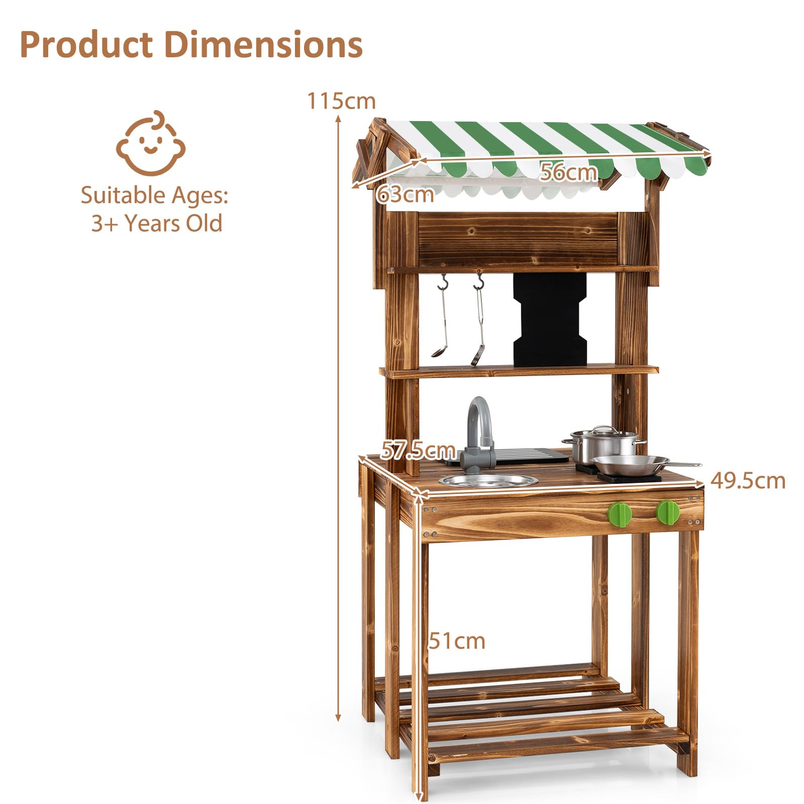 HOMASIS Cuisine d'extérieur en Bois avec auvent, Cuisine Jouet pour Enfants Double Face avec Tableau Noir, Robinet, 4 ustensiles et 2 Crochets, Barbecue Jouet pour Enfants à partir de 3 Ans, Vert