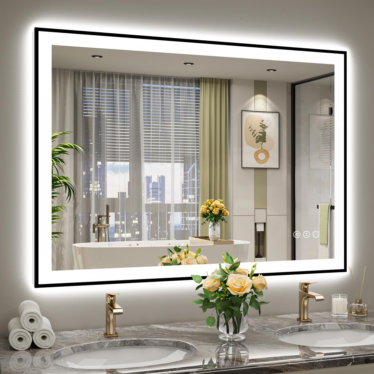 48x36 LED Bathroom Mirror with Lights, Black Framed Lighted Mirror