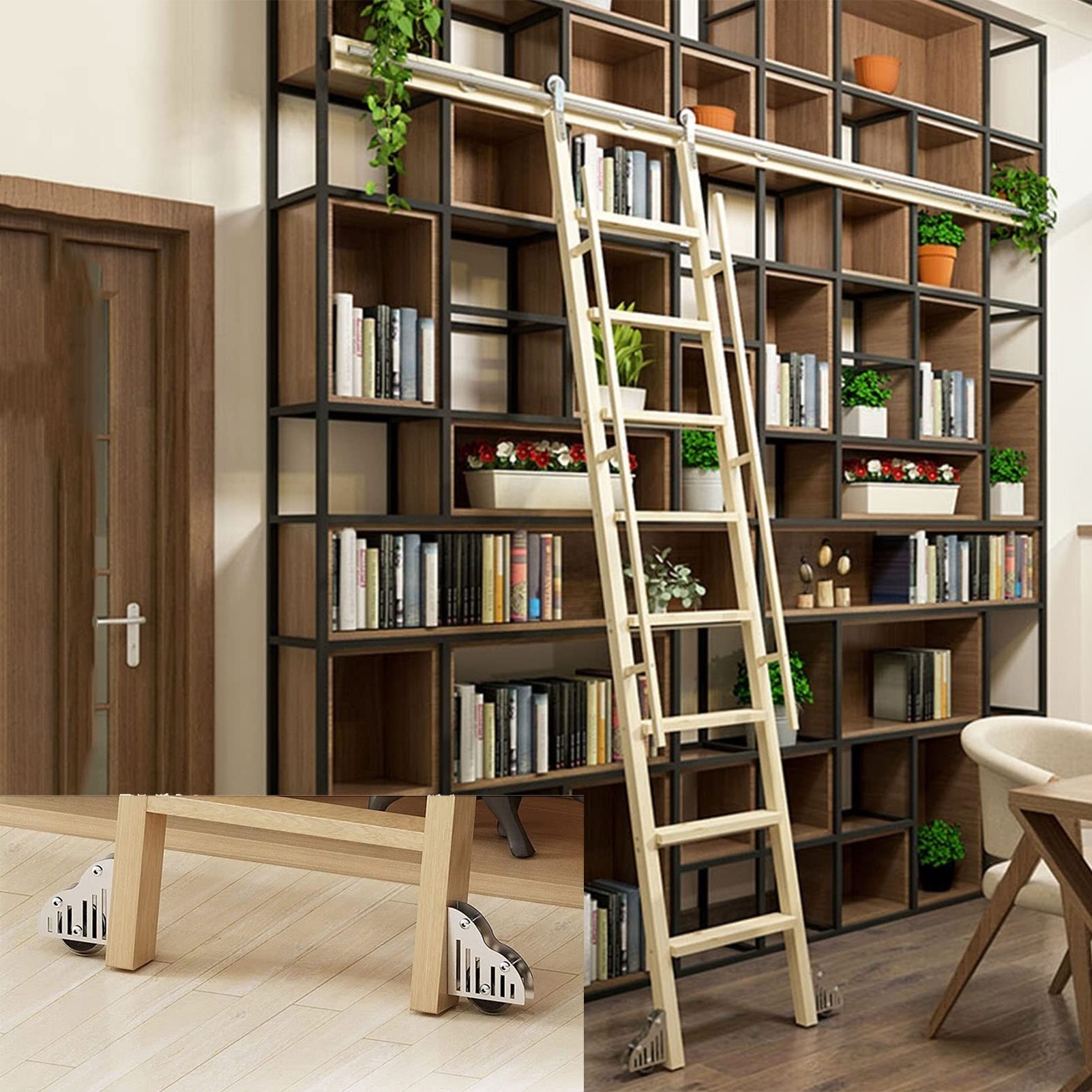 Kit ferramenta per Scala Scorrevole per Biblioteca - Kit ferramenta per Porta Scorrevole, ferramenta Scorrevole in Acciaio Inossidabile, con rulli a Pavimento frenabili, scivola dolcemente e Silenzio