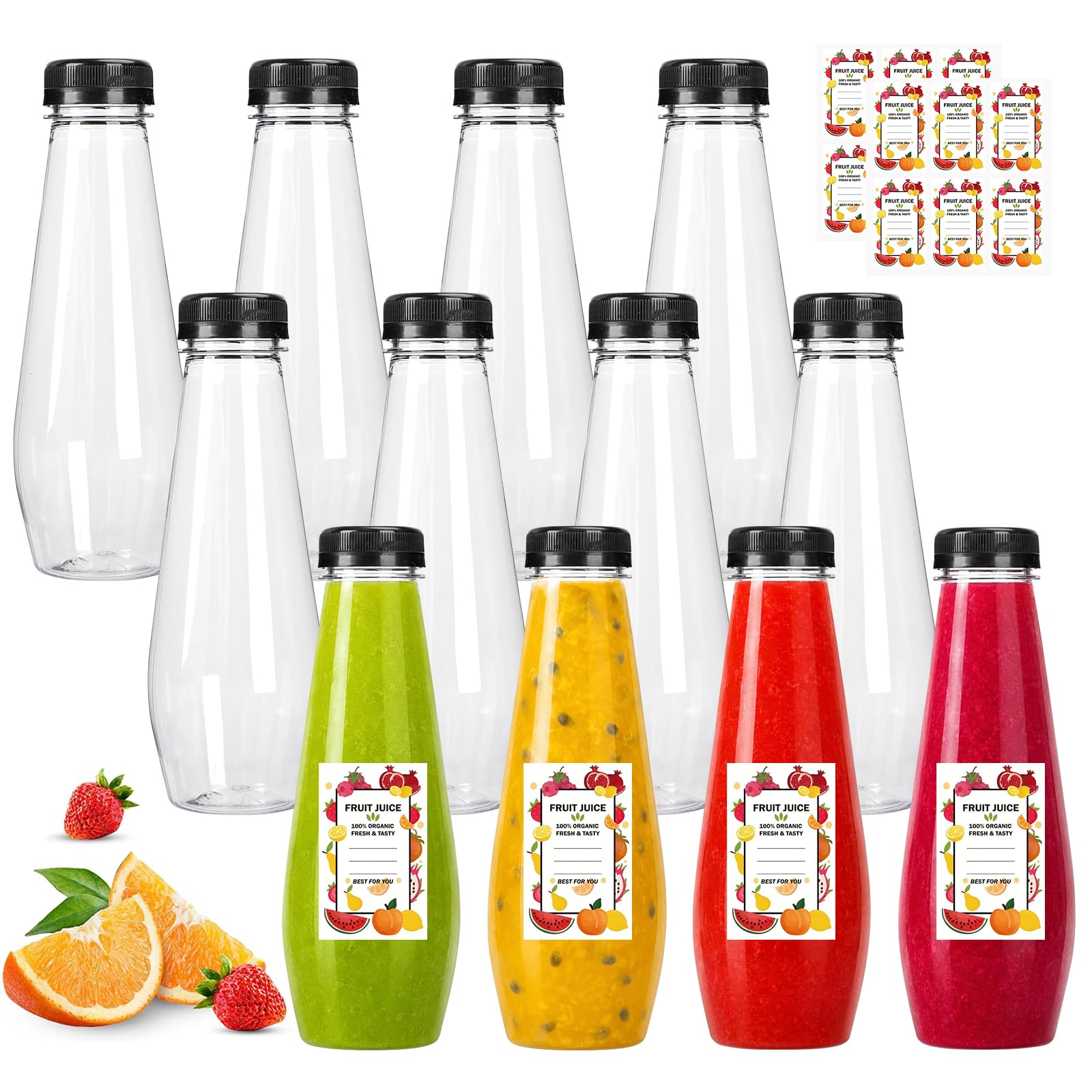 Maridergo 12 Pack 350ml Juice Bottles with Lids, 12OZ Clear PET Plastic Drink Bottles Reusable Drink Containers Empty Plastic Juicing Bottles for Smoothie and Other Beverages ﻿