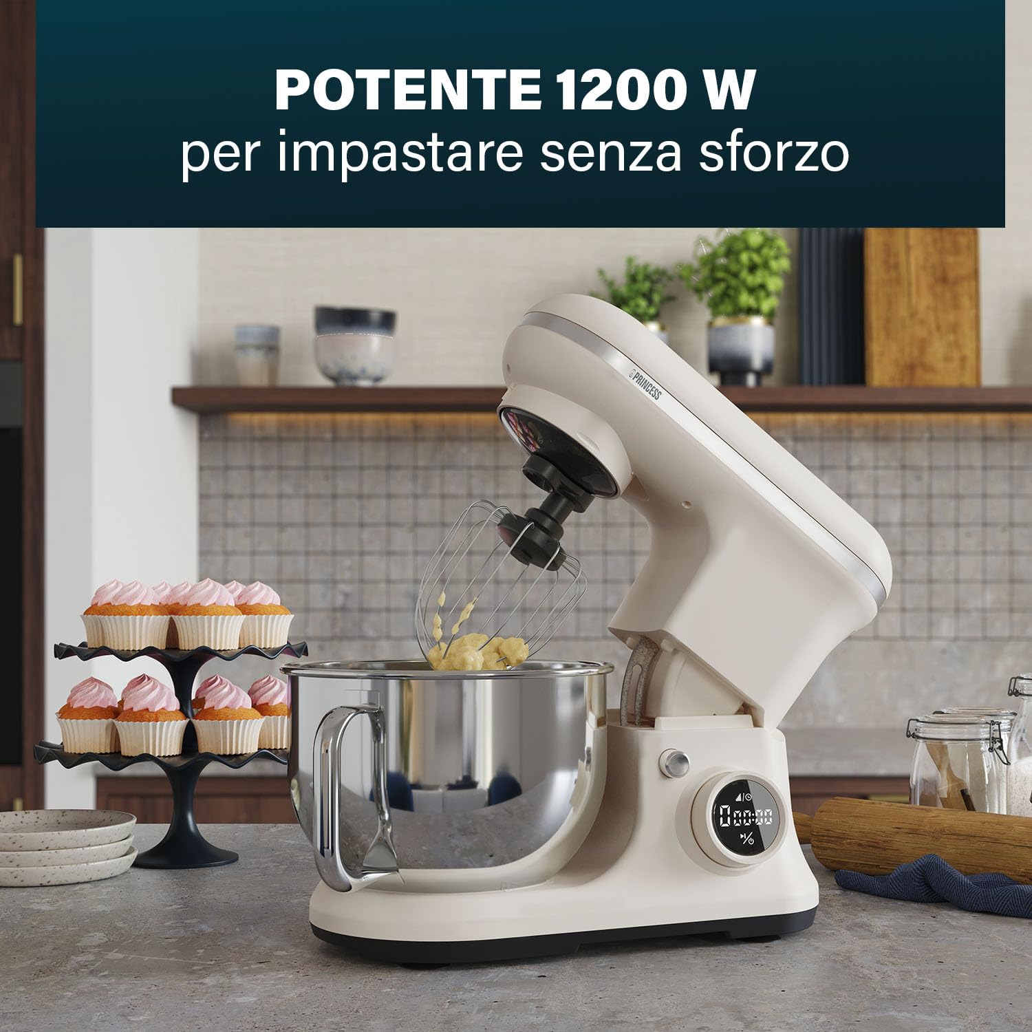 Princess Robot da cucina digitale Nordic, Ciotola 5 L Inox, 8 Velocità, Controllo Digitale, Gelatiera, 1200 W, Senza BPA, Piedini Antiscivolo, Lavabile Lavastoviglie, 220138