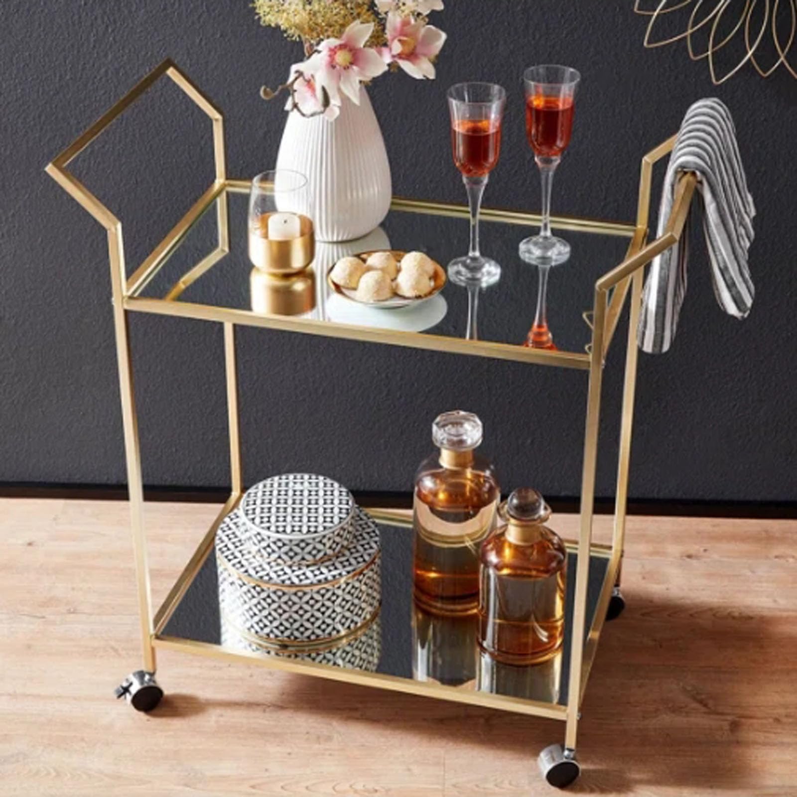 HOMETASTE Premium 2-Tier Metal Bar Cart with Glass Shelves & Lockable Wheels – Elegant Rolling Serving Trolley for Home, Kitchen, Restaurant, and Hospitality Settings (Gold)