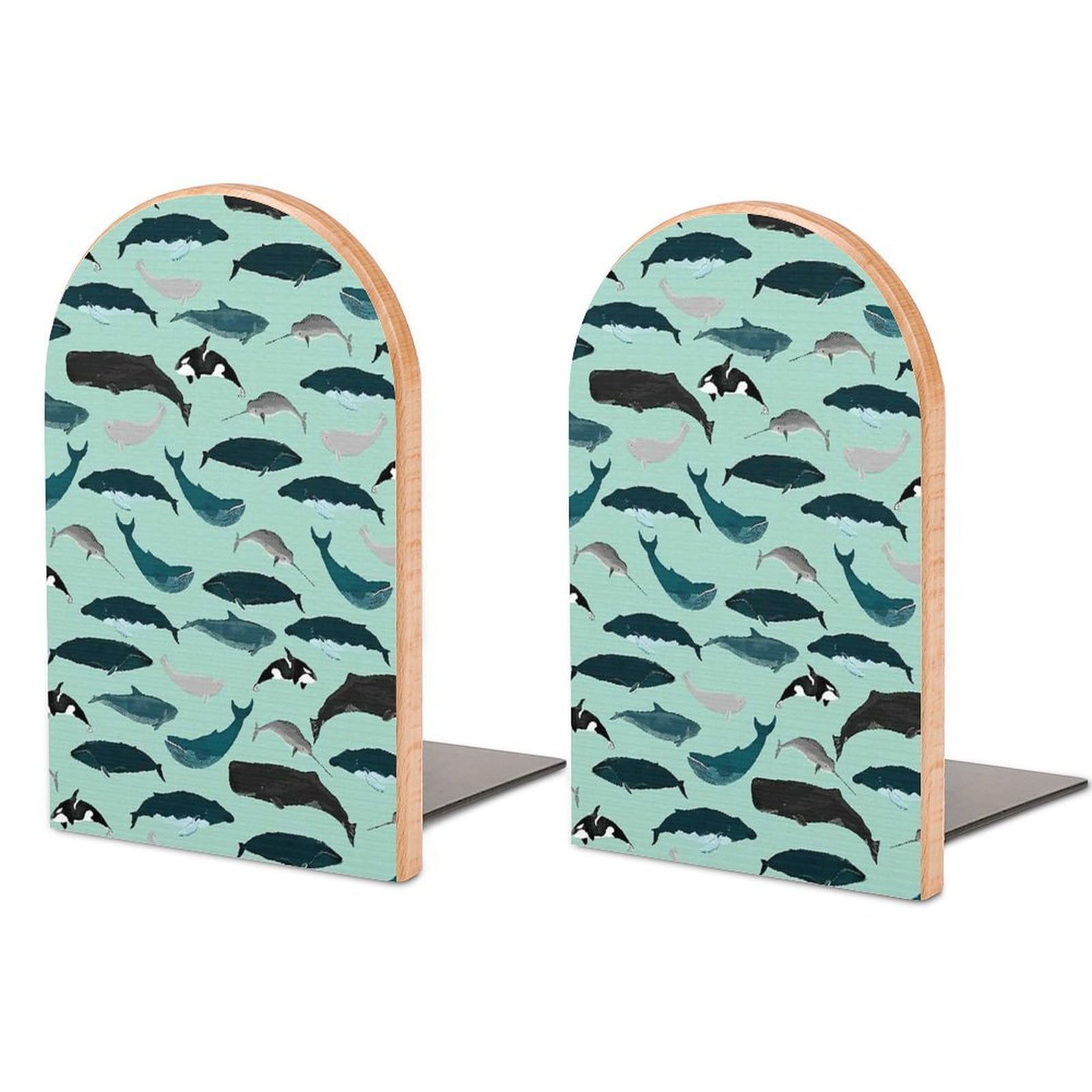 Whales and Porpoises Sea Life Marine Animals Holiday Beech Wood Bookends Heavy Duty Book Organizers Desktop File Holder for Office Home Bookshelf