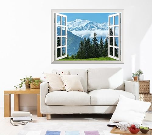 wall26 Mural de pared extraíble, montaña de nieve y pinos fuera de la ventana abierta, decoración de pared creativa - 36 x 48 pulgadas