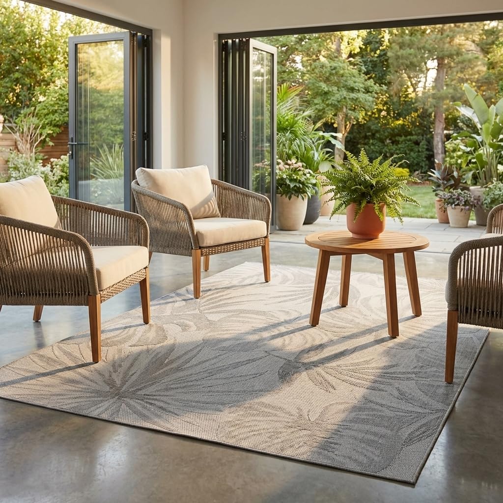 Tapis facile à nettoyer et résistant pour salon et jardin beige à motif végétal 140x200