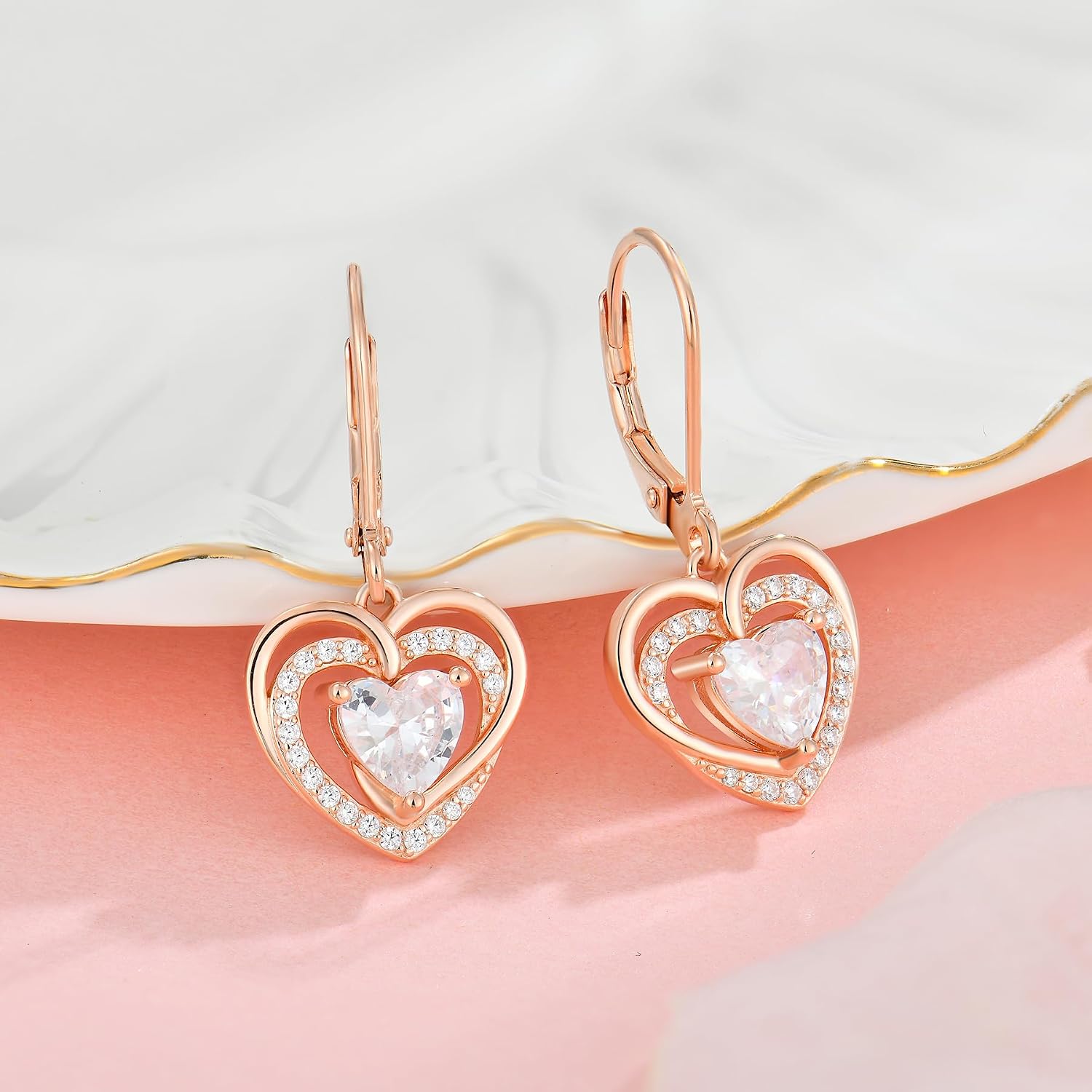 925 Sterling Silver Heart Birthstone Earrings for Women Dainty Dangle Drop Leverback Earrings with Rose Gold Plated 5A Cubic Zirconia Jewelry Birthday Gifts for Wife Her