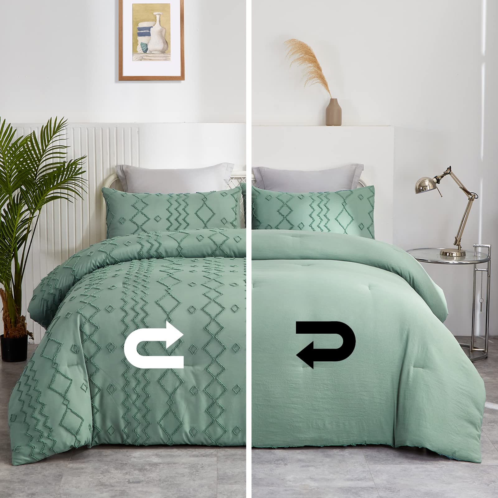 MEEYA Tufted Green Comforter Set Queen, Boho Shabby Chic Bed Queen Comforter for Women & Men, Soft Microfiber 3 Pieces Geometric Bedding Comforter for All Seasons