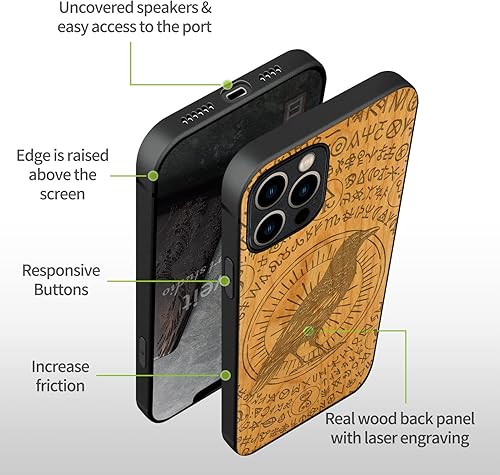 Miniatura 9 de Carveit Funda magnética de madera para iPhone 12 Pro madera natural y TPU suave negro a prueba de golpes, funda protectora única y elegante de