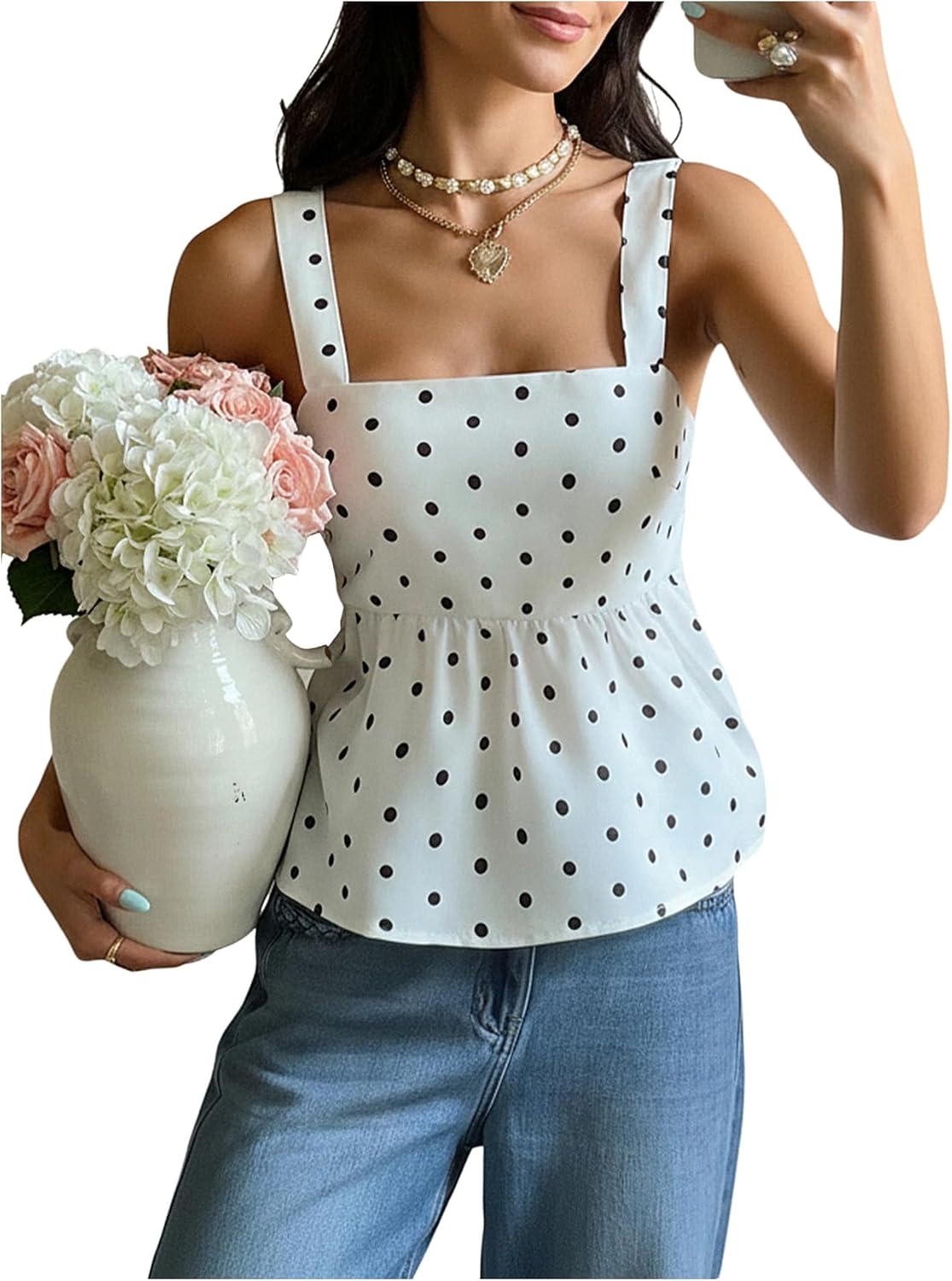 OYOANGLE Women's Polka Dots Sleeveless Tank Top Square Neck Babydoll Bow Tie Back Summer Ruffle Peplum Tops