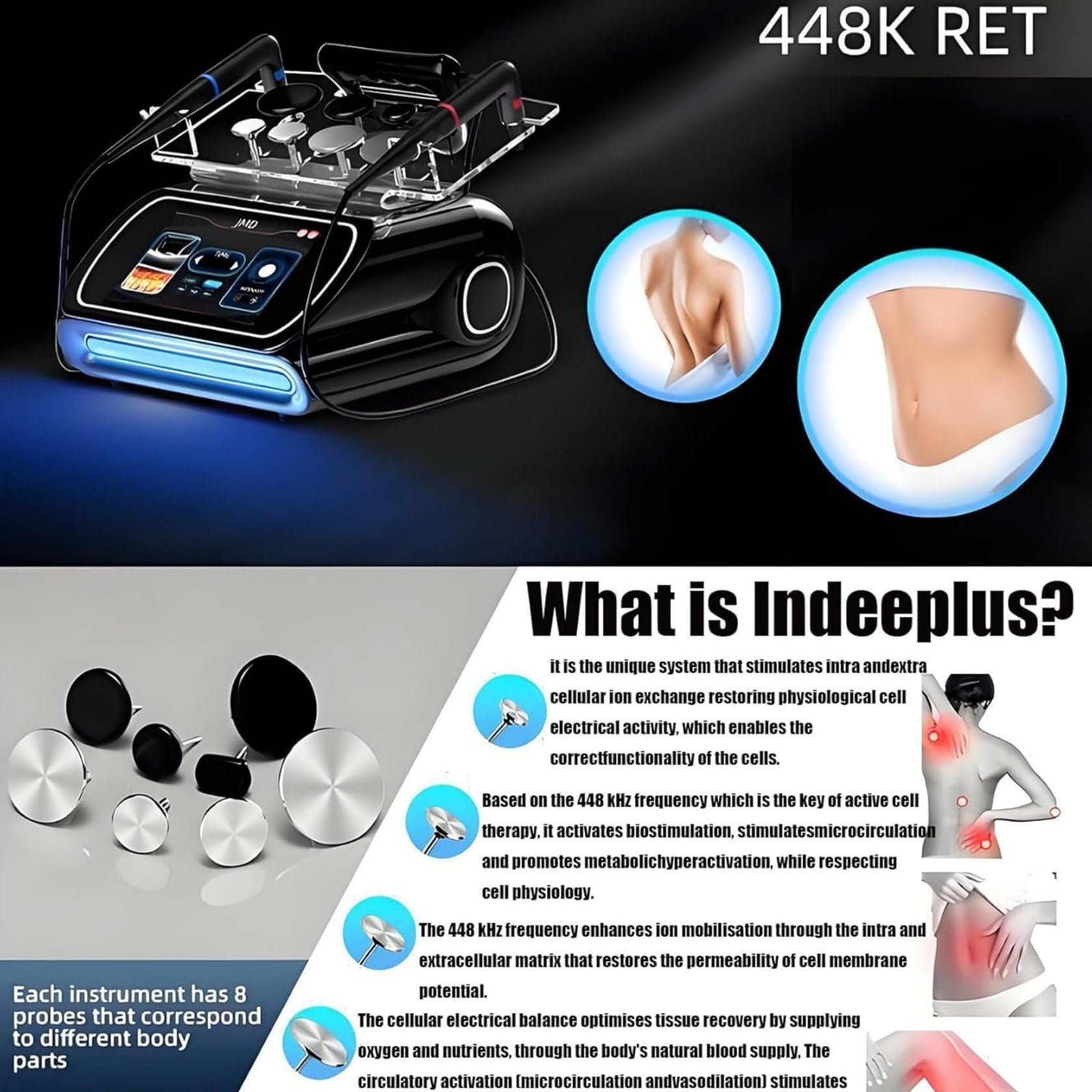 Máquina portátil de Terapia TECAR, máquina de radiofrecuencia monopolar de 448 K, Dispositivo de eliminación de Grasa 4 en 1, para Levantar, tensar la Piel, Reducir Las Arrugas y la Celulitis,Blanca