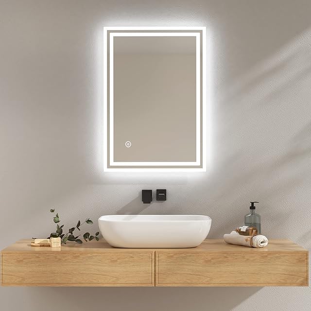 EMKE Bathroom Mirror with LED Lights, 500x700 MM Wall Mounted Shaver Socket Bathroom Mirrors with Extra Fuse, Dimmable Switch and Demister Pad, Horizontal/Vertical