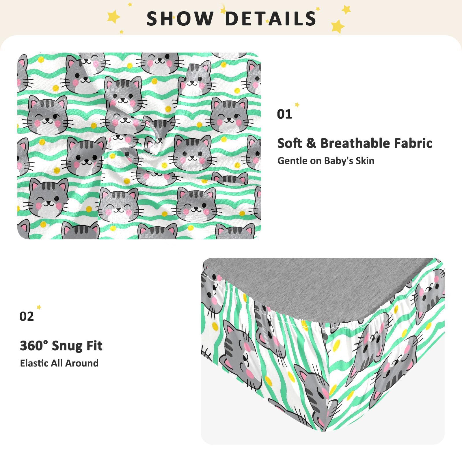 Sábanas para cuna de bebé de dibujos animados de gato gris para niños y niñas, sábana suave de algodón para cuna de niño y niña, para decoración de guardería, 1 paquete de cuna de acolchonado