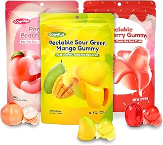 Peelable Gummy Candy Intense Mango Peach Stawberry Mix Flavor Fruit Chewy Gummi Snack Low Sugar & Calorie, Individual Soft & Chewy Candy Snacks (3-PACK 9.53OZ, Mixed-Fruit)