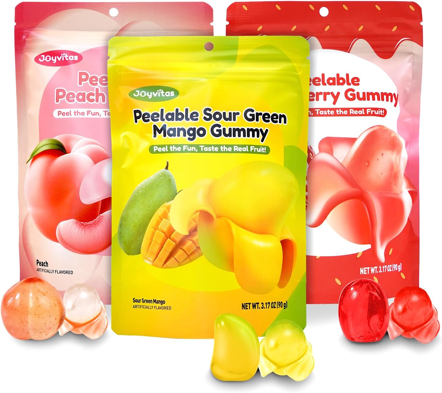 Peelable Gummy Candy Intense Mango Peach Stawberry Mix Flavor Fruit Chewy Gummi Snack Low Sugar & Calorie, Individual Soft & Chewy Candy Snacks (3-PACK 9.53OZ, Mixed-Fruit)