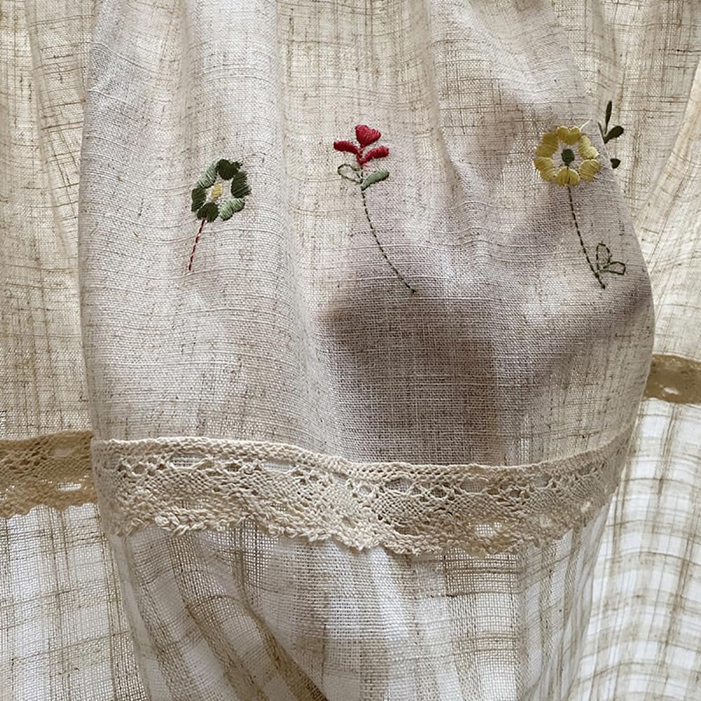 Rideau Brise-bise En Lin Style Vichy - Semi-transparent - Pour Petite Fenêtre (120x100cm) - Décoration Campagne