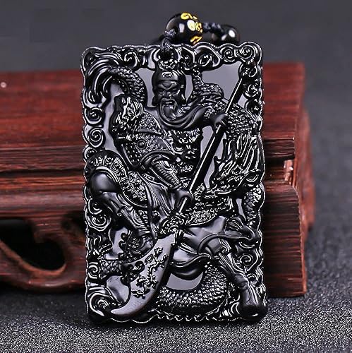Miniatura 2 de Collar de obsidiana negra natural Dragon Guan Gong guan yu Collar Hold espada ancha Colgante con cadena ajustable, Gema, Obsidiana