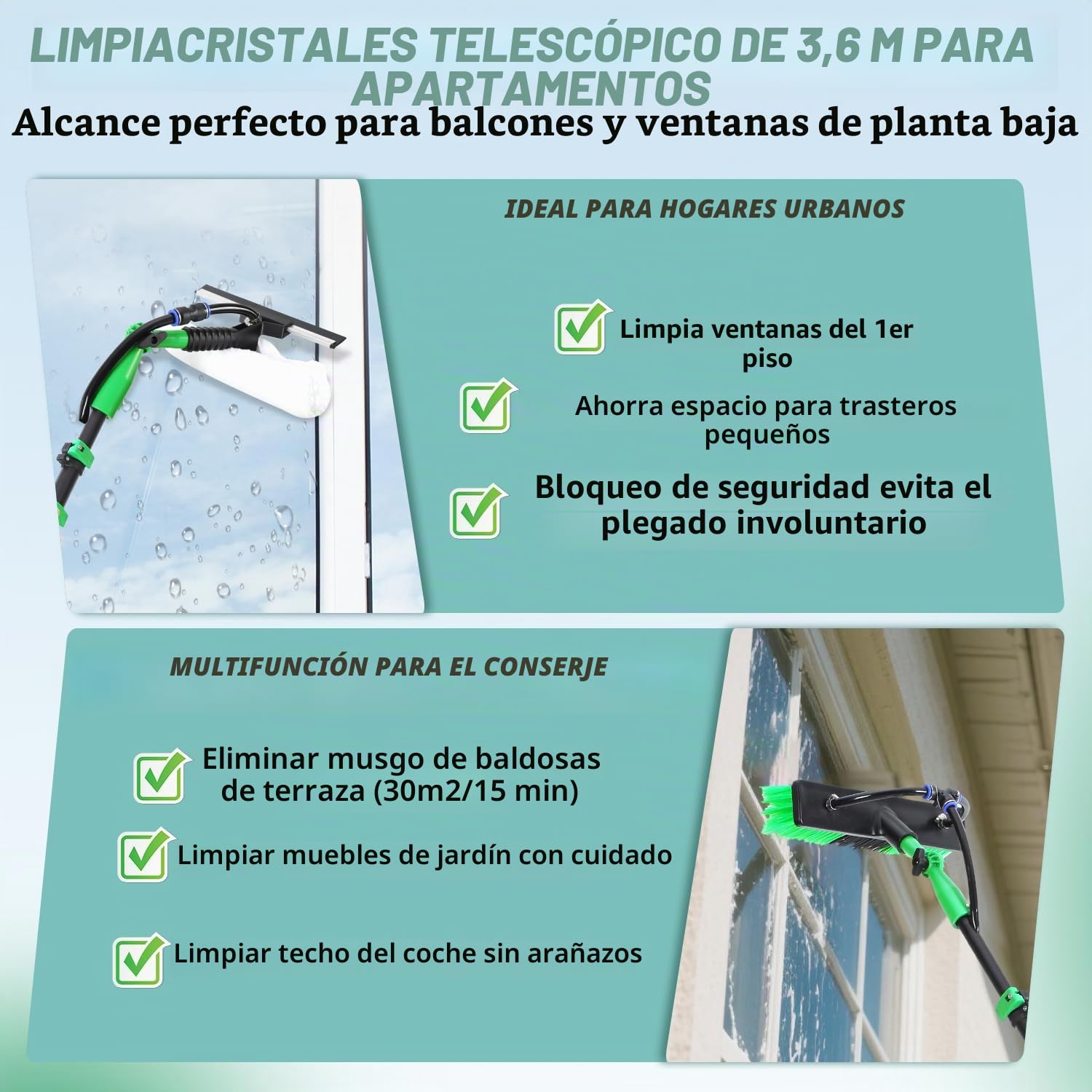 Limpiador de ventanas telescópico, 3,6 m, juego profesional de cepillo de lavado, pulverizador con depósito de espuma, extractor y 10 accesorios