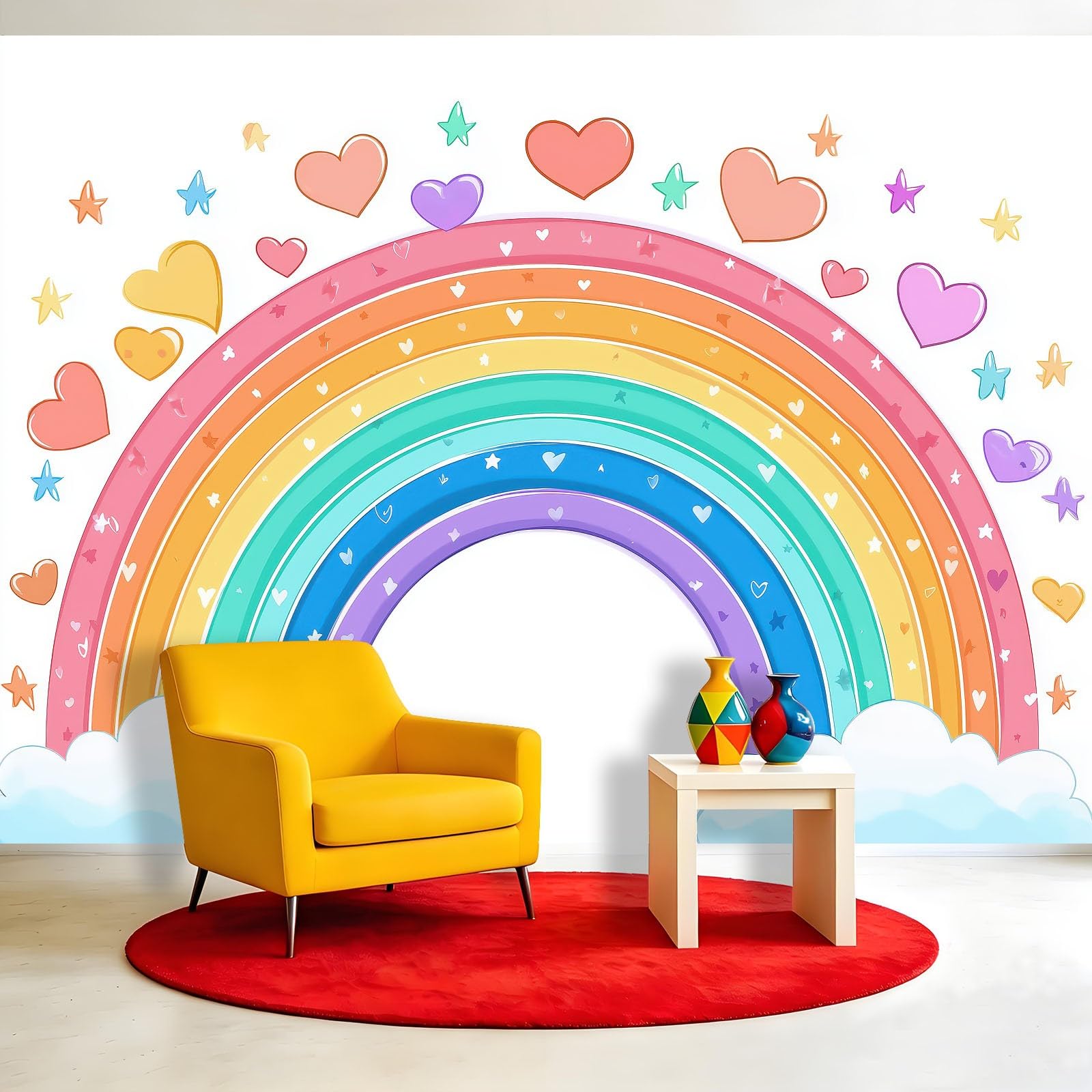 Générique Panoramiczna tapeta z włókniny 200 x 140 cm - tęcza gwiazdy serce, minimalistyczny plakat ścienny do pokoju dziecięcego, pokoju zabaw - dekoracja ścienna 3D