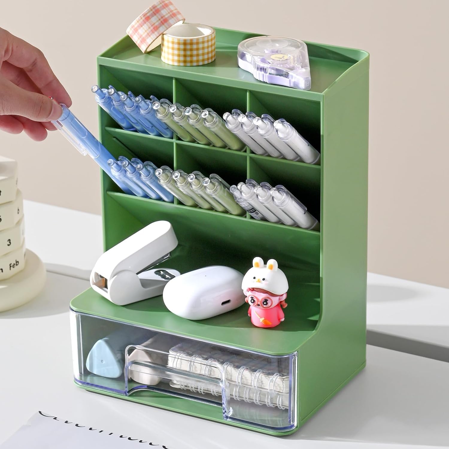 Home Cube Desk Organizer With Drawer Desktop Office Stationery Storage Box Desk Accessories Mobile Holder Table Organiser Study Table Desk Organizer (2020, Green) - Plastic