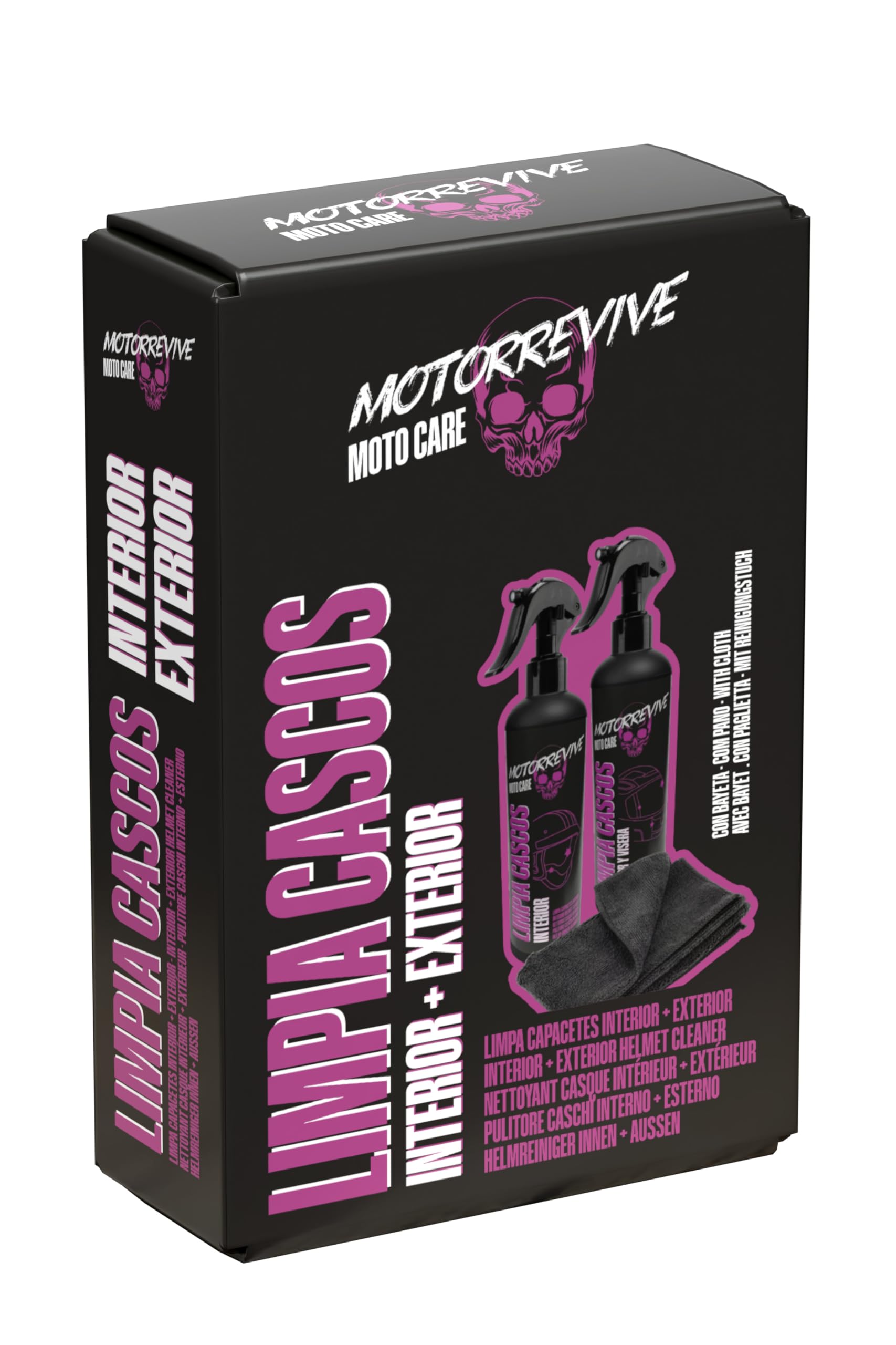 Pack Limpieza de Cascos de Moto 200 + 200 ml. Spray limpiador Interior + Exterior y Visera + Bayeta de Microfibra. Higiene Completa y Cuidado Profesional para Casco de Motocicleta