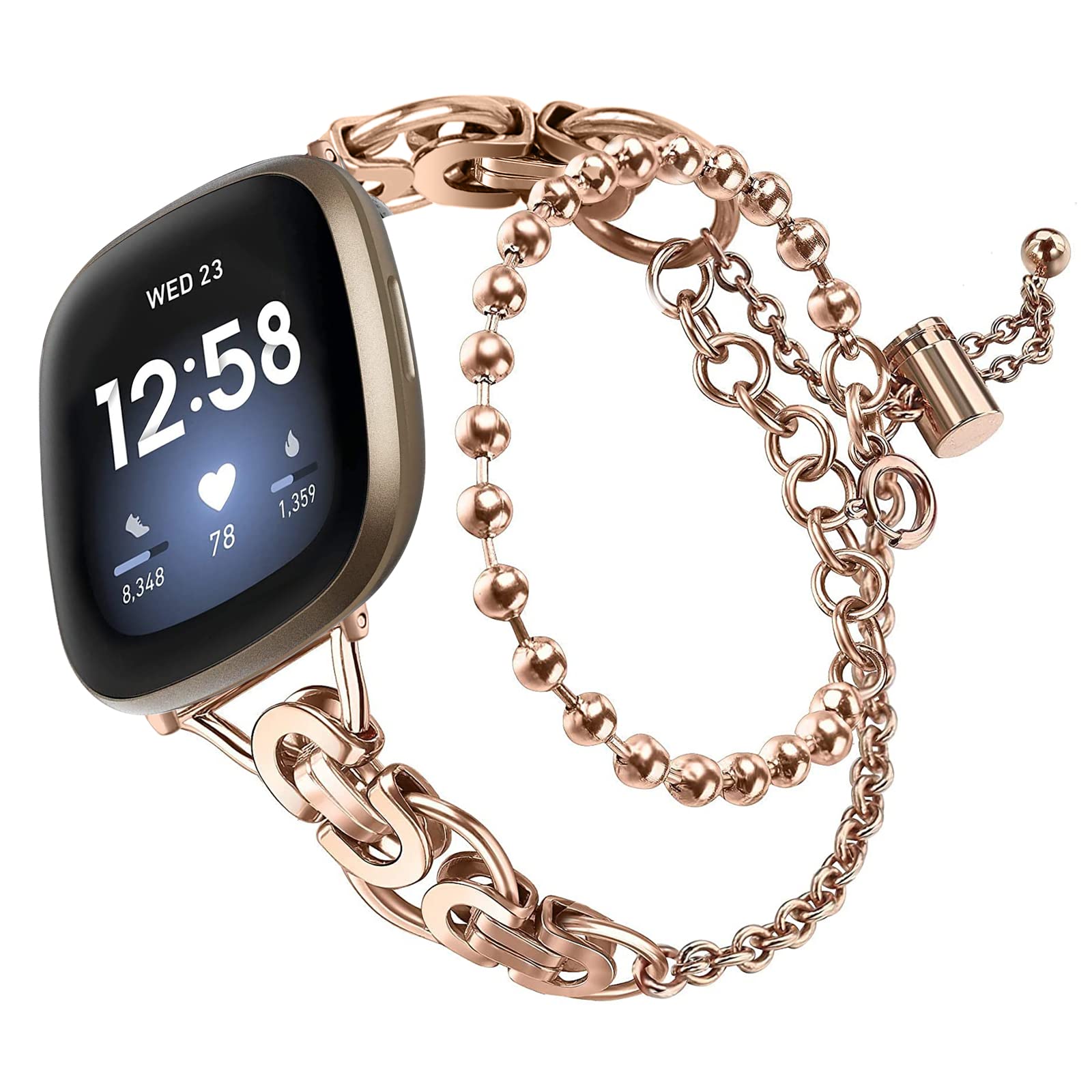 Compatible with Fitbit Versa 4＆Versa 3 Bands Women, Adjustable Stainless steel metal double circle bead chain bracelet Bands Compatible with Fitbit