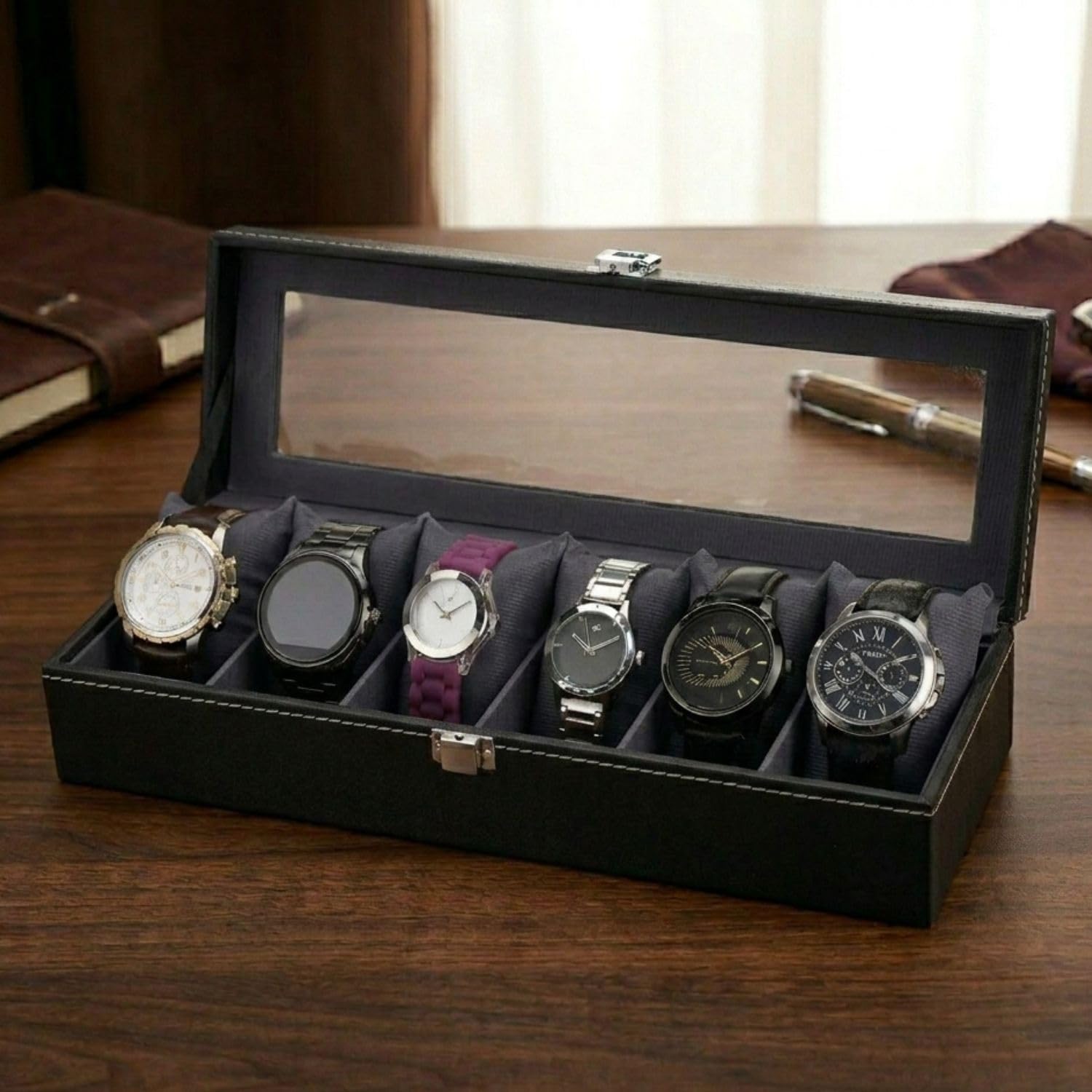 MudraKosh Men Women 6 Slots Watch case organizer Leatherette Gift