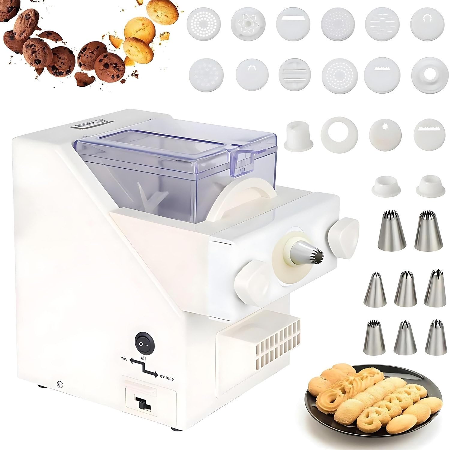 ZMJGLL Biscuit Maker,Automatic Cookie Press Machine,50-60 RPM,180W Electric Baking Tools W/8 Replaceable Nozzles,easy To Clean