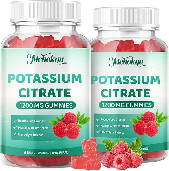 Potassium Citrate Gummies 1200mg, High Potency Potassium Supplement for Adults & Kids, Women & Men Support Leg Cramps & Muscle Health & Electrolyte Balance,Vegan Free, Raspberry Flavor, 120 Count