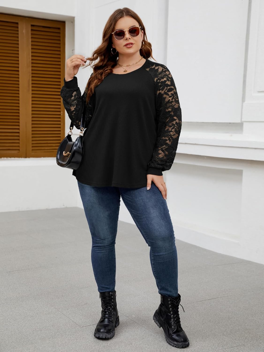 SCOMCHIC Plus Size Tops for Women Elegant Lace Long Sleeve Blouses Crew Neck Fall Dressy Shirts Loose Casual Tunics Tops - Image 5