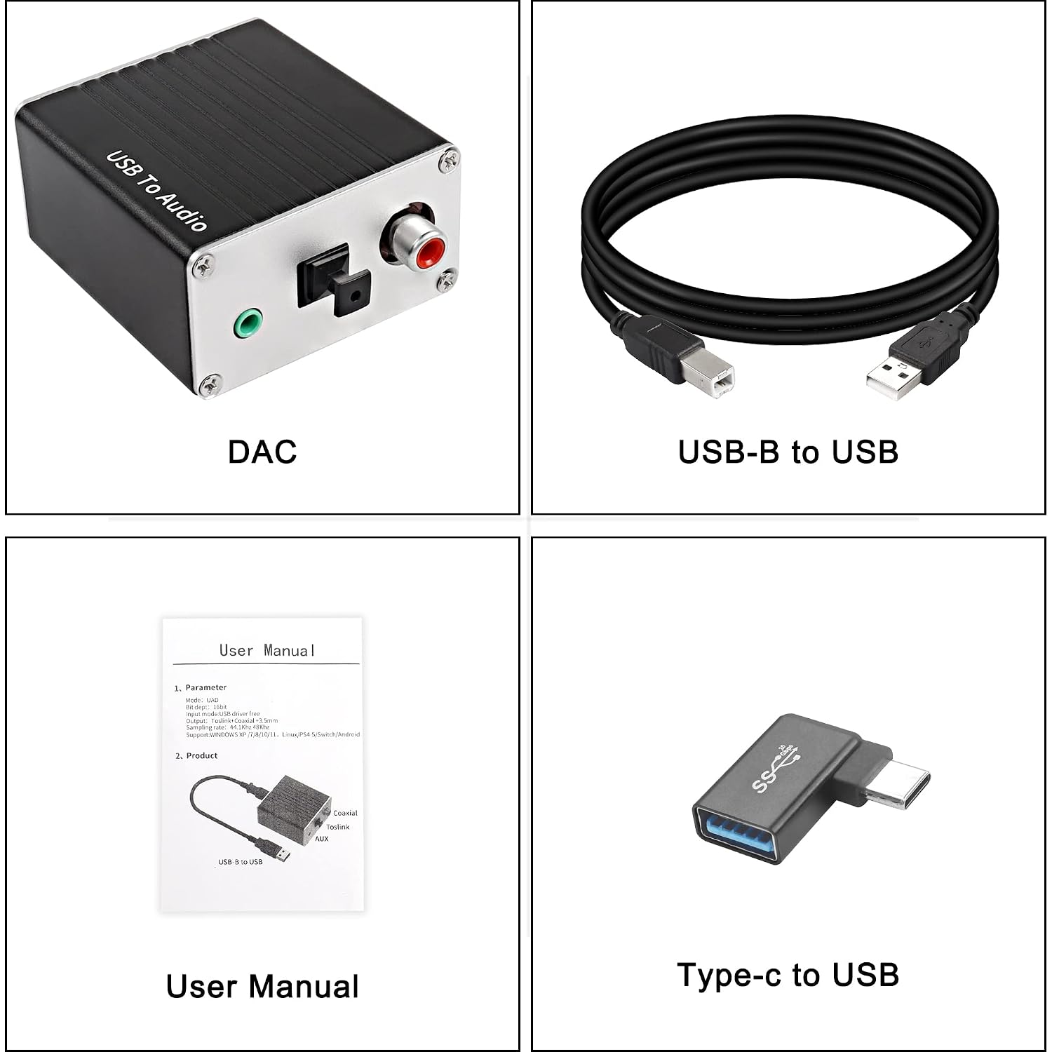 XMSJSIY USB-A/Type-C to Coaxial Optical Toslink SPDIF + 3.5mm AUX Stereo Audio Adapter USB Digital Audio Decoder Converter External Sound Card for PC Laptop Phone Smart TV