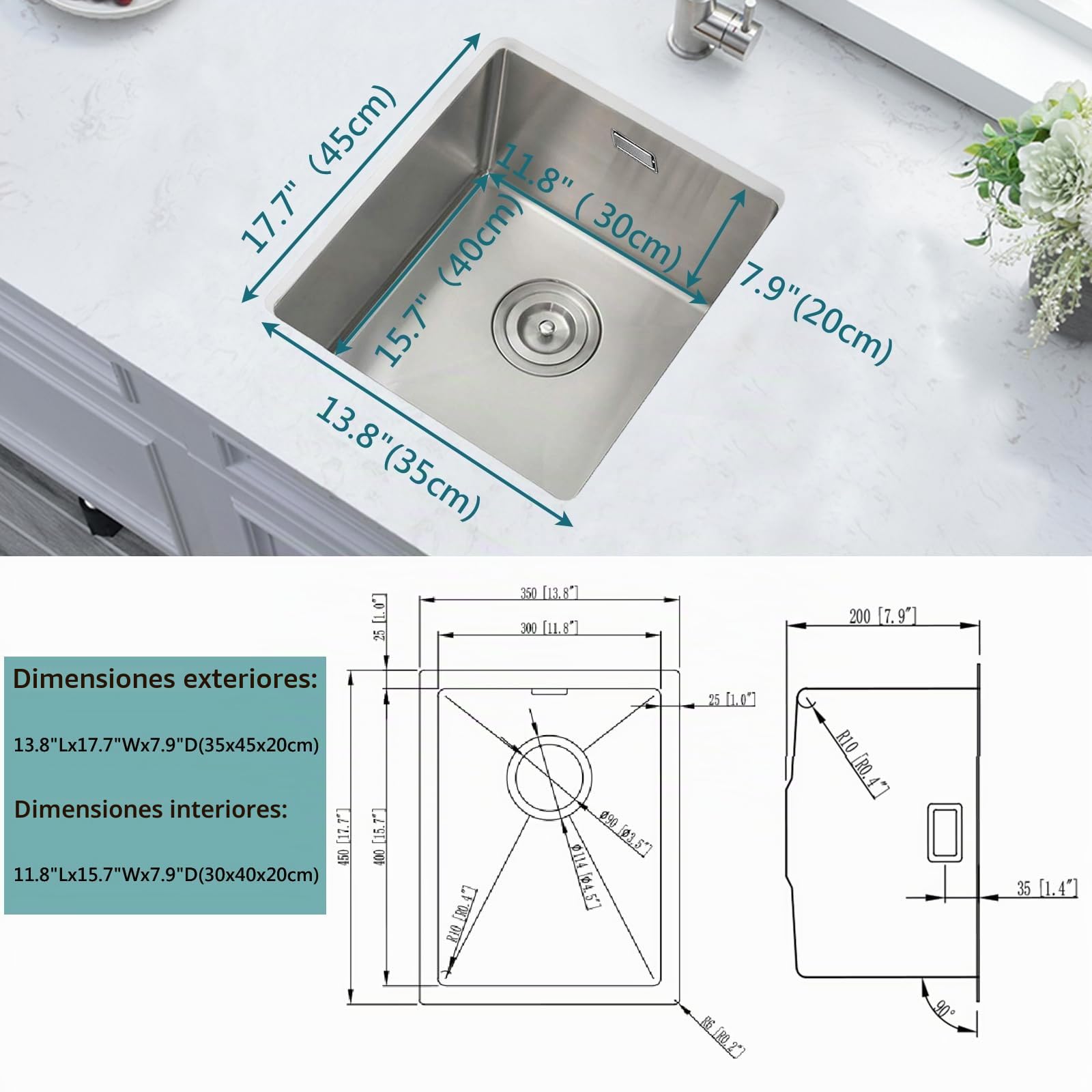 Fregadero de Barra Acero Inoxidable, Bajo Encimera Bokaiya de 35 x 45 cm, Pequeño Fregadero de Barra Húmeda, Minilavabo de Cocina para Exteriores, para RV, con Rebosadero, Rejilla Enrollable y Sifón
