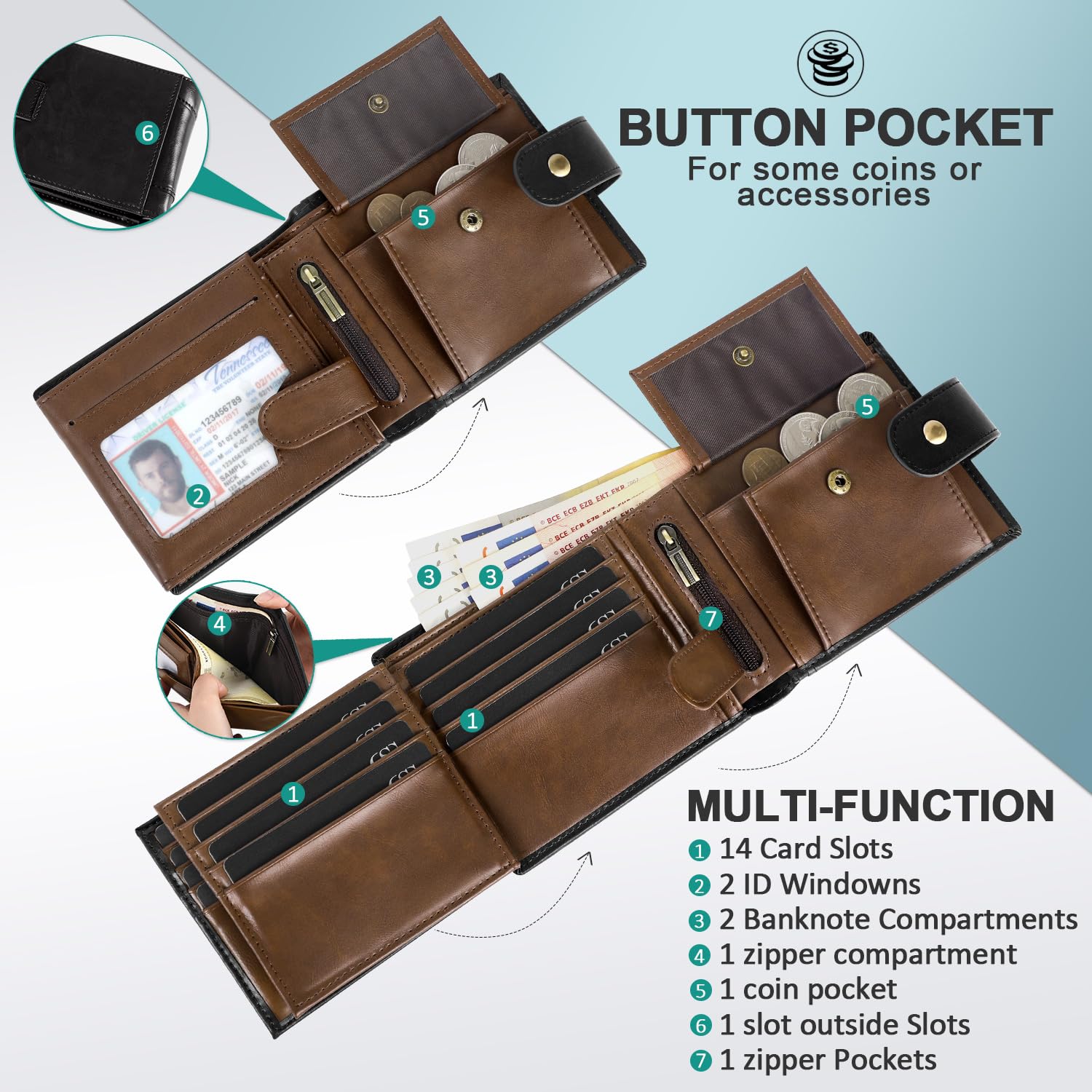 GSG SINCE 1998 Billeteras de cuero vacuno multifuncional con bloqueo RFID con 17 ranuras para tarjetas de crédito, 2 compartimentos para billetes, 2 ventanas de identificación, 1 bolsillo para monedas