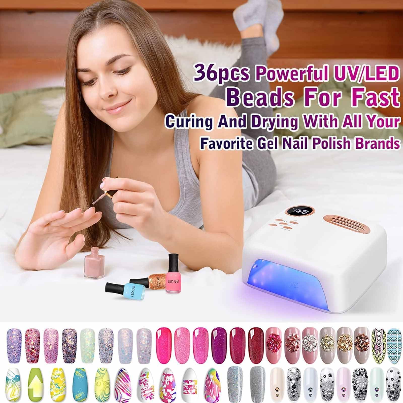 Lámpara LED de uñas de 72 W, lámpara LED profesional con 36 fuentes de luz y 4 temporizadores, sensor automático y memoria, secado rápido de esmalte de uñas de gel y cuentas de luz LED (365 nm + 405