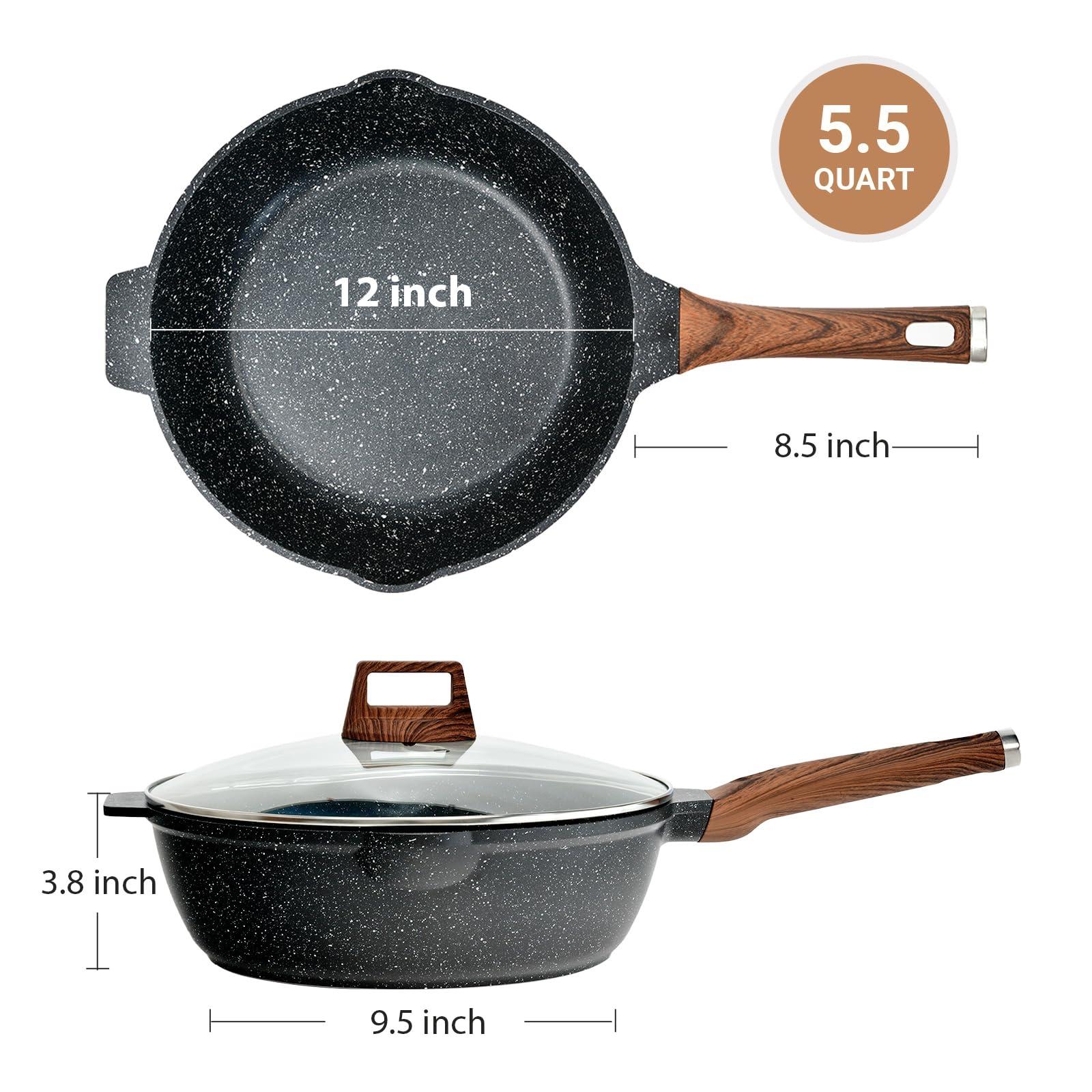 Sartén antiadherente con tapa y espátula, sartén para saltear de 12 pulgadas/5.5 cuartos de galón, sartén de granito antiadherente con esponja para fregar, compatible con estufas de inducción 7