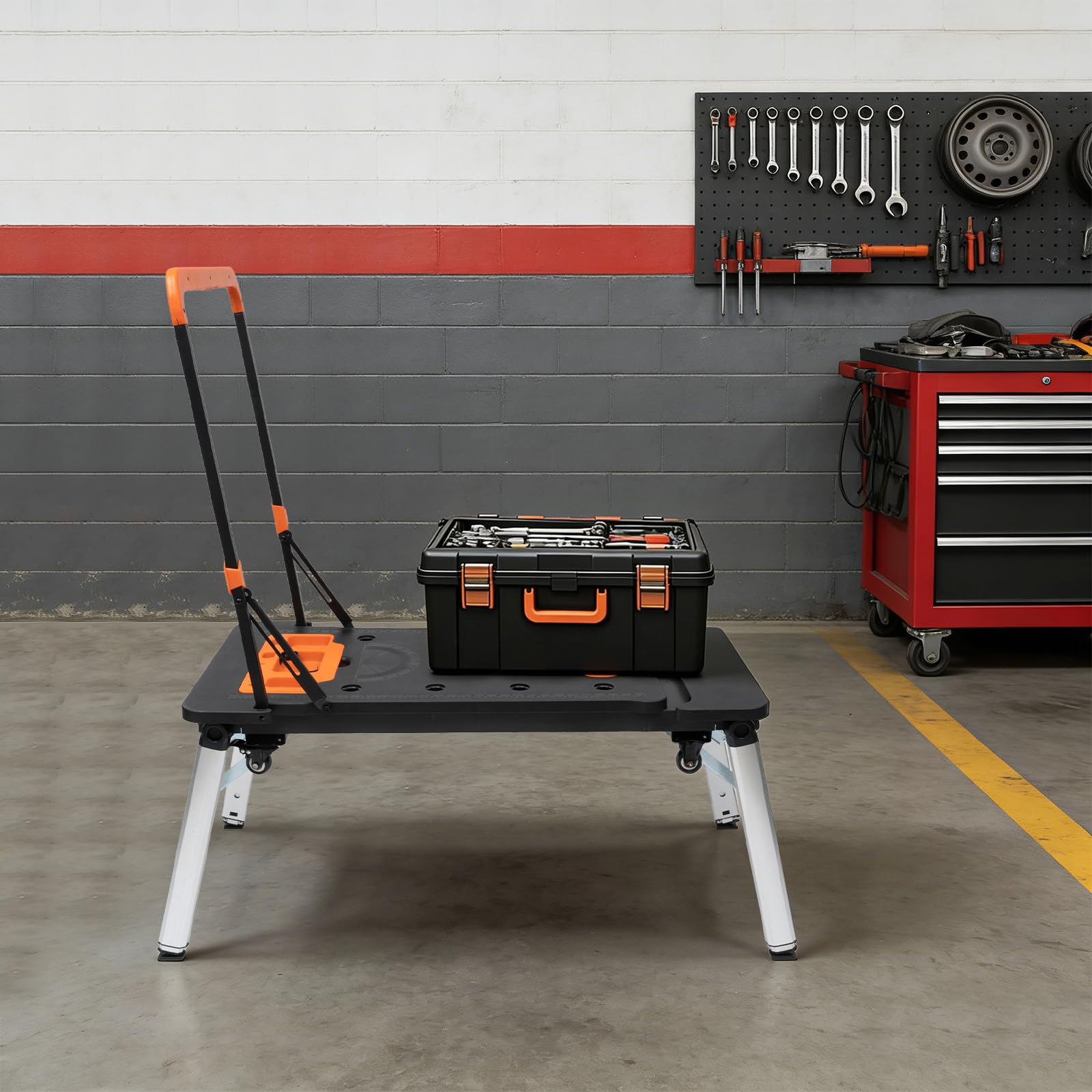 Banco pieghevole 7 in 1, banco pieghevole, piattaforma di lavoro, carrello da lavoro, altezza regolabile, 4 ruote bloccabili, carico pesante 250 kg, deposito attrezzi, garage cantiere officina, 139 x