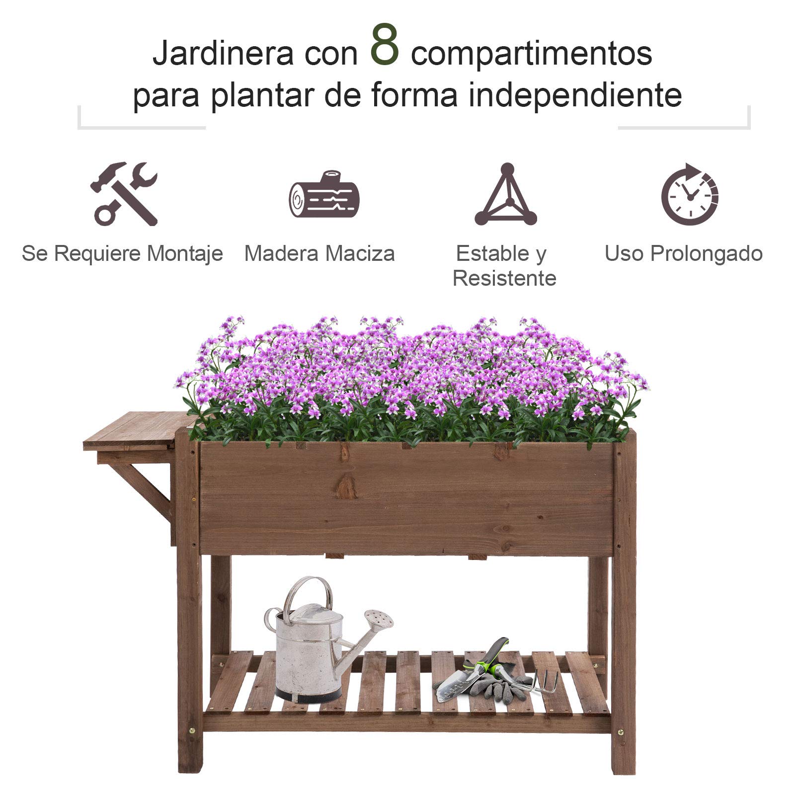 Outsunny Huerto Urbano con Estantes Jardinera Elevada de Madera Maciza para Cultivo Flores Verduras Hierbas 123x54x80 cm Marrón