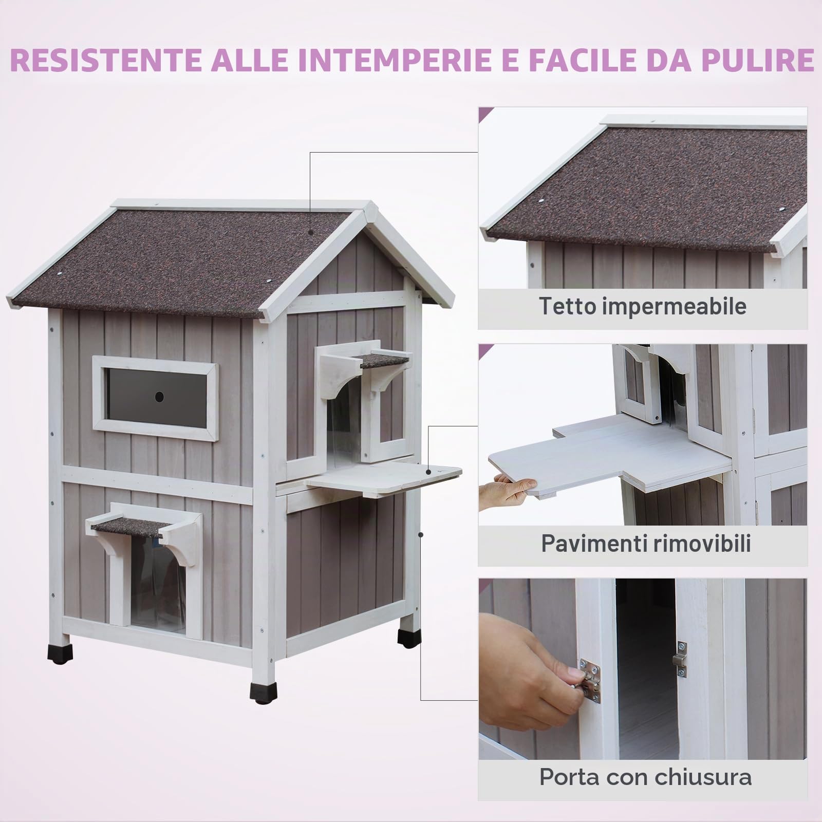 HiCaptain Casa per gatti selvatici resistente alle intemperie, rifugio in legno per gatti randagi all'aperto, cuccia gatto esterno grande a 2-4 piani con balcone e porta di fuga