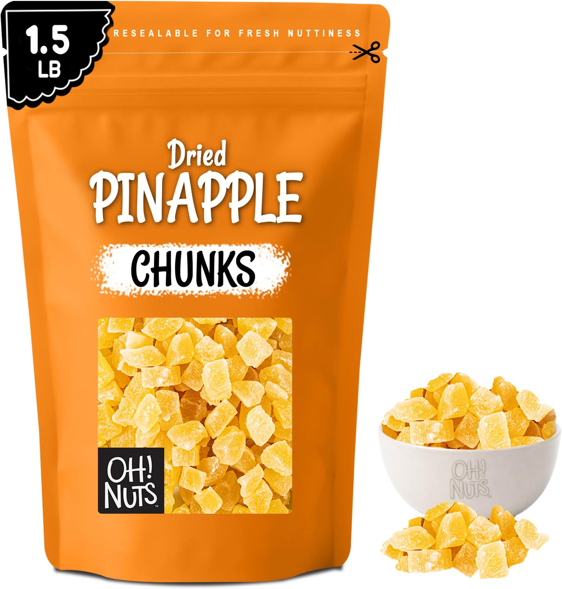 Oh! Nuts Dried Pineapple - 1.5 LB - Dried Fruit Chunks - Less Sugar Added - Dehydrated Fruit Bites - Packed in New York Zip-Seal Bag for Exceptional Freshness