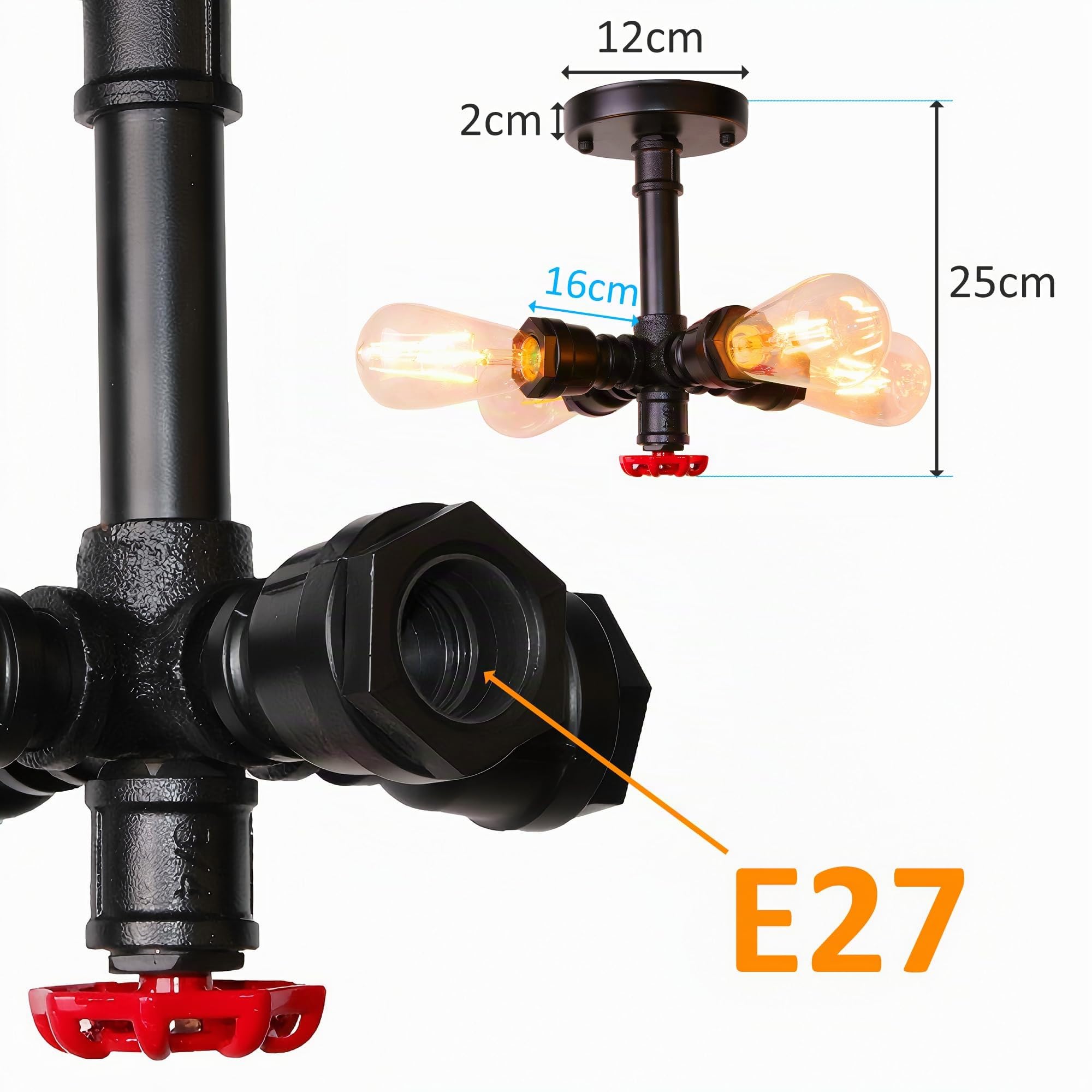 iDEGU 4 Luci Plafoniera Vintage Lampada da Soffitto Stile Tubo Industriale Lampadario per Soggiorno Camera da Letto Cucina (Nero)