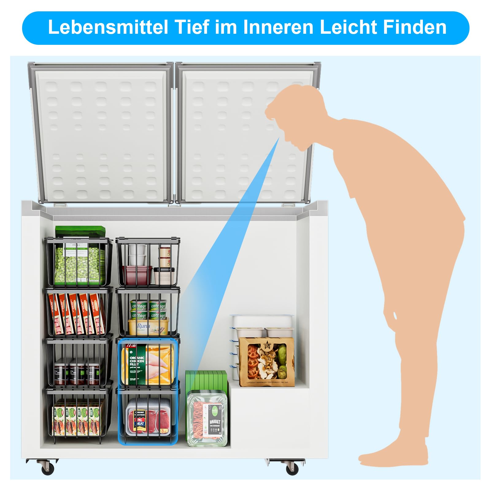 4er Gefrierschrank Organizer Stapelbare Gefrierkörbe aus Metall Gefriertruhe Korbe mit Boden und Griffen Gefriertruhe Ordnungssystem Platzsparend für 215L Truhengefrierschränken(37x18x15cm)
